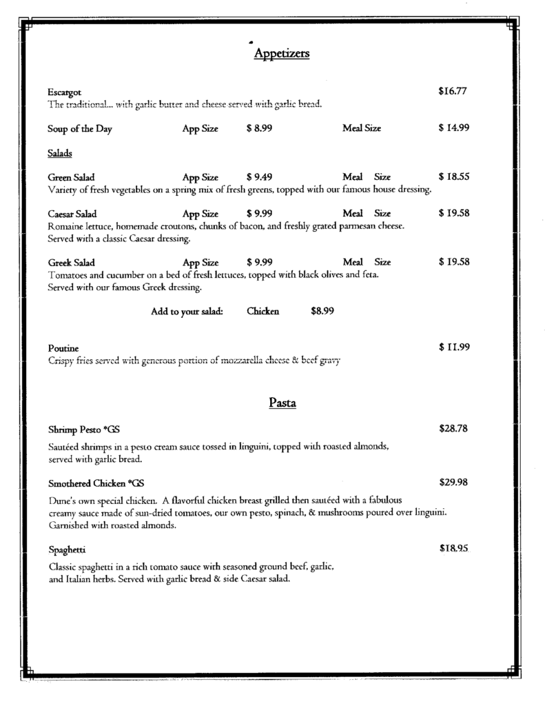 Menu, Gluten Free