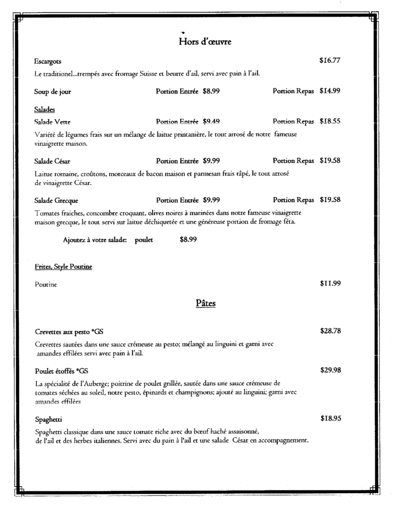 French Menu, Pasta Dishes, Fresh Salads, Gluten Free