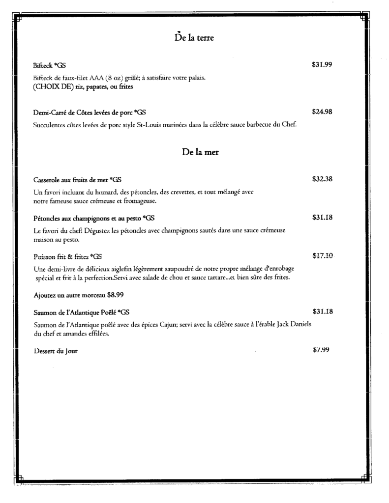 French menu, Steak, Local seafood, Gluten free